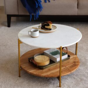 Wooden Artistic Round Wood & Marble  Coffee Table