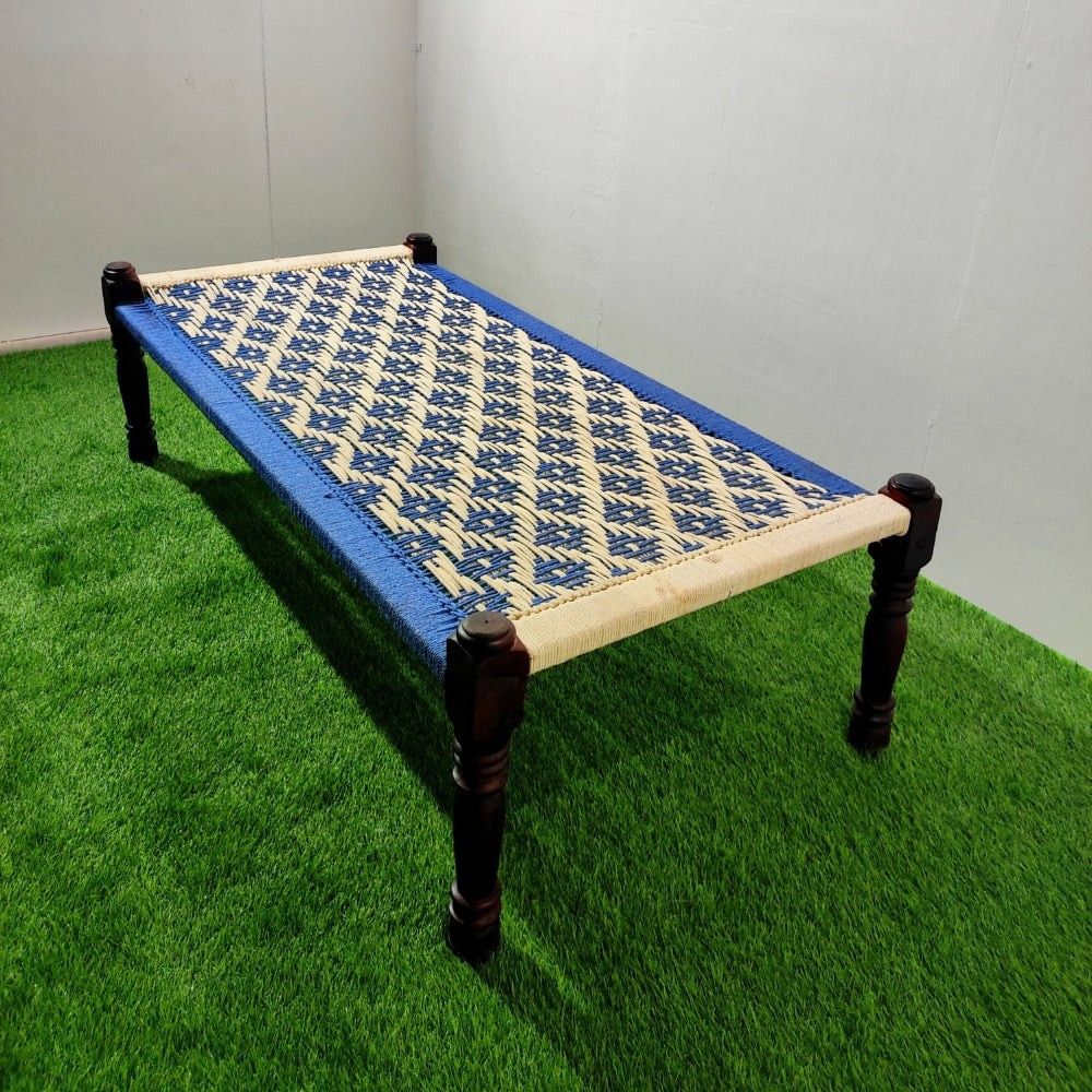 1-126-1.jpg Jodhpuri Wooden Khatiya Khaat ( White and Blue ) - Image 1