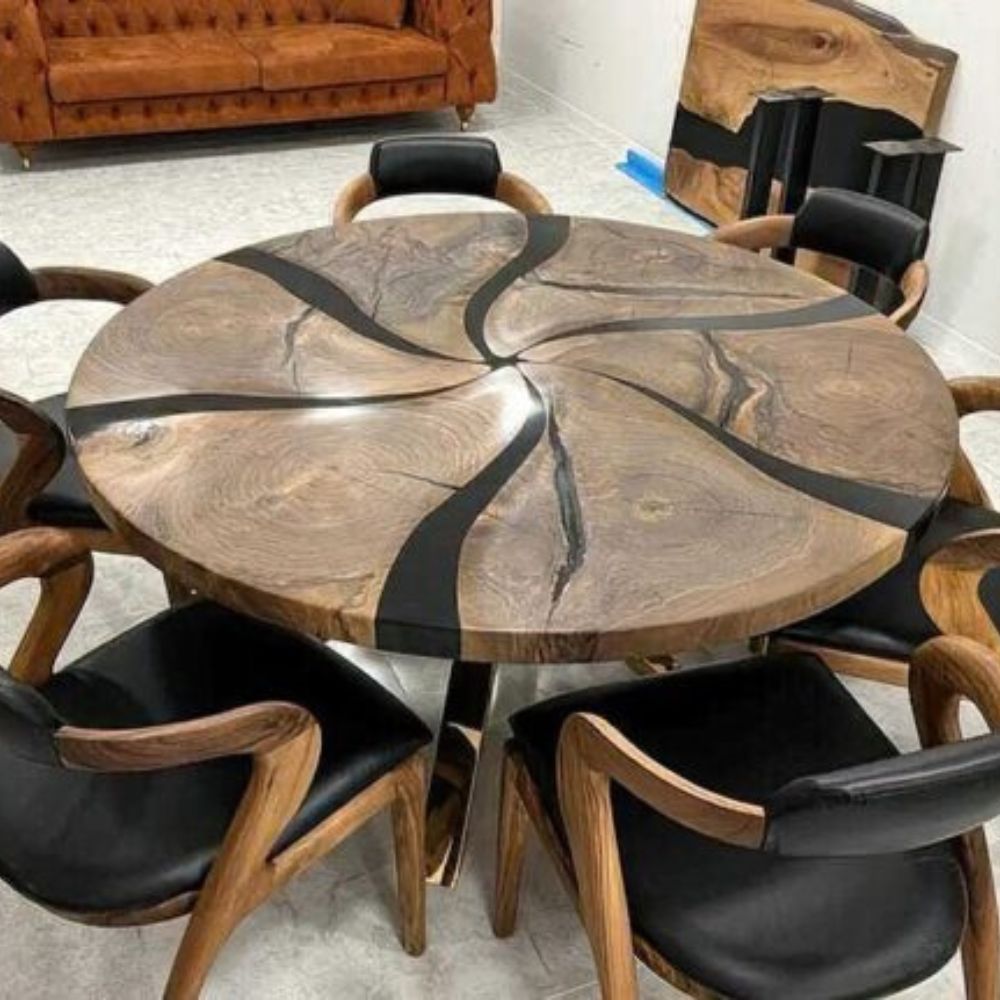 1-143-2.jpg Live Edge Round Dining Table Set For 6 - Image 1