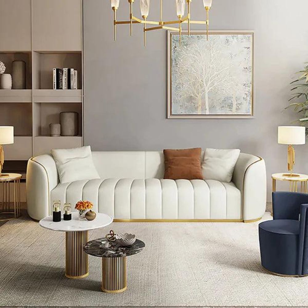1-154-1.jpg Leather Upholstered 3-Seater Sofa with Gold Legs - Image 1