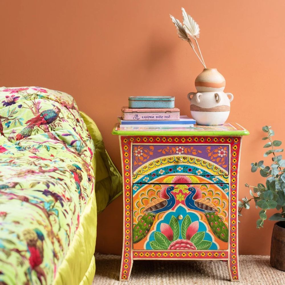 1-16-2.jpg Jodhpuri Handpainted Peacock Bedside Table for Bedroom - Image 1