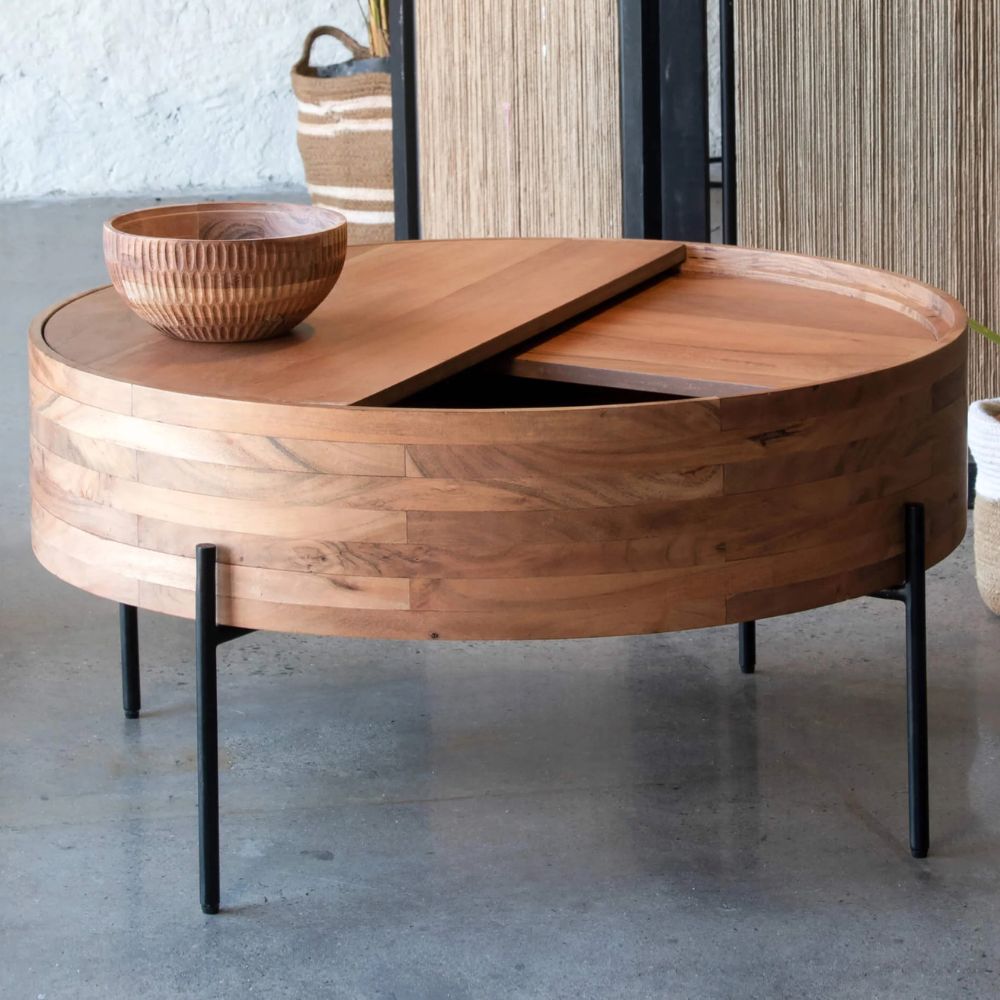 1-191-2.jpg Handmade Round Wooden & Iron Coffee Table - Natural - Image 1