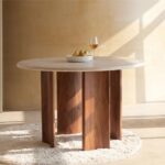 Handcrafted Travertine Marble and Sheesham Wood Dining Table