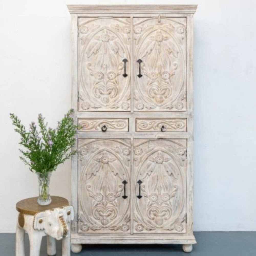 1-229.jpg Jodhpuri Wooden Carved Storage Wardrobe Almirah - Image 1