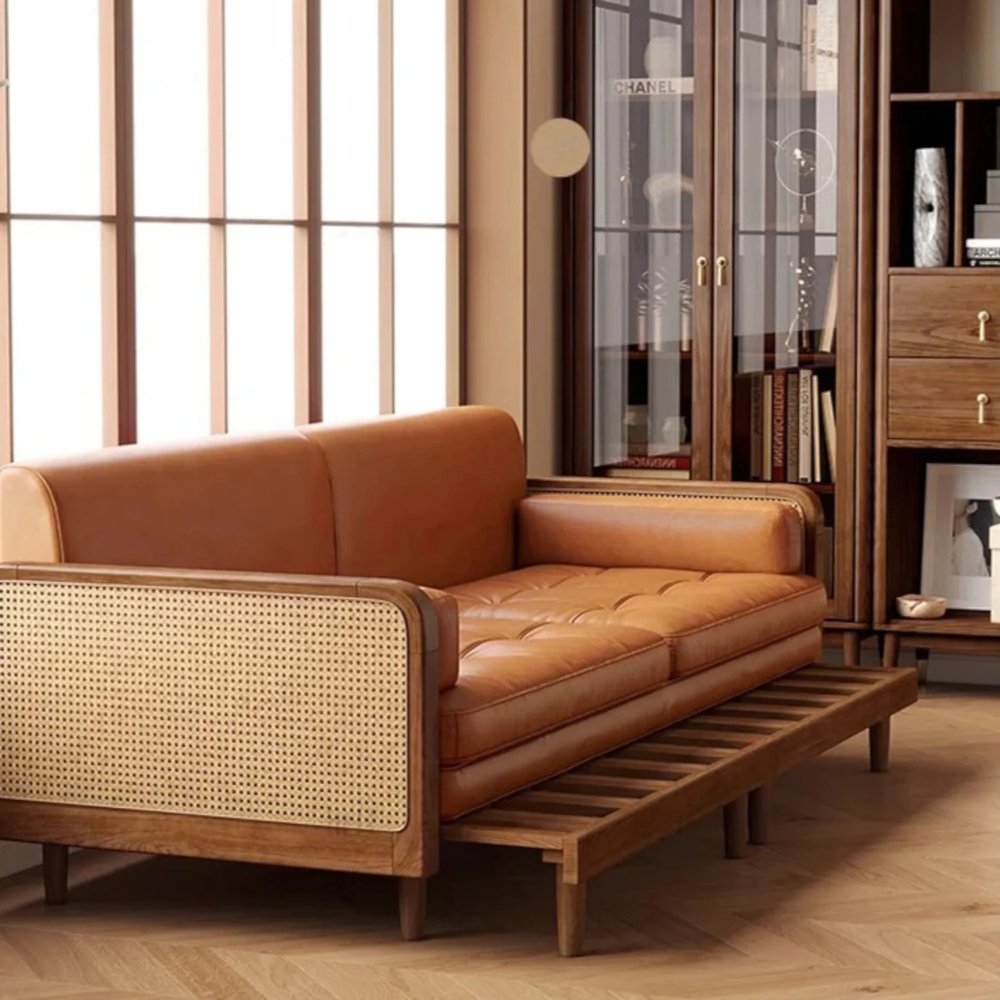 1-26-5.jpg Cane & Wooden Frame Sofa Cum Bed - Image 1
