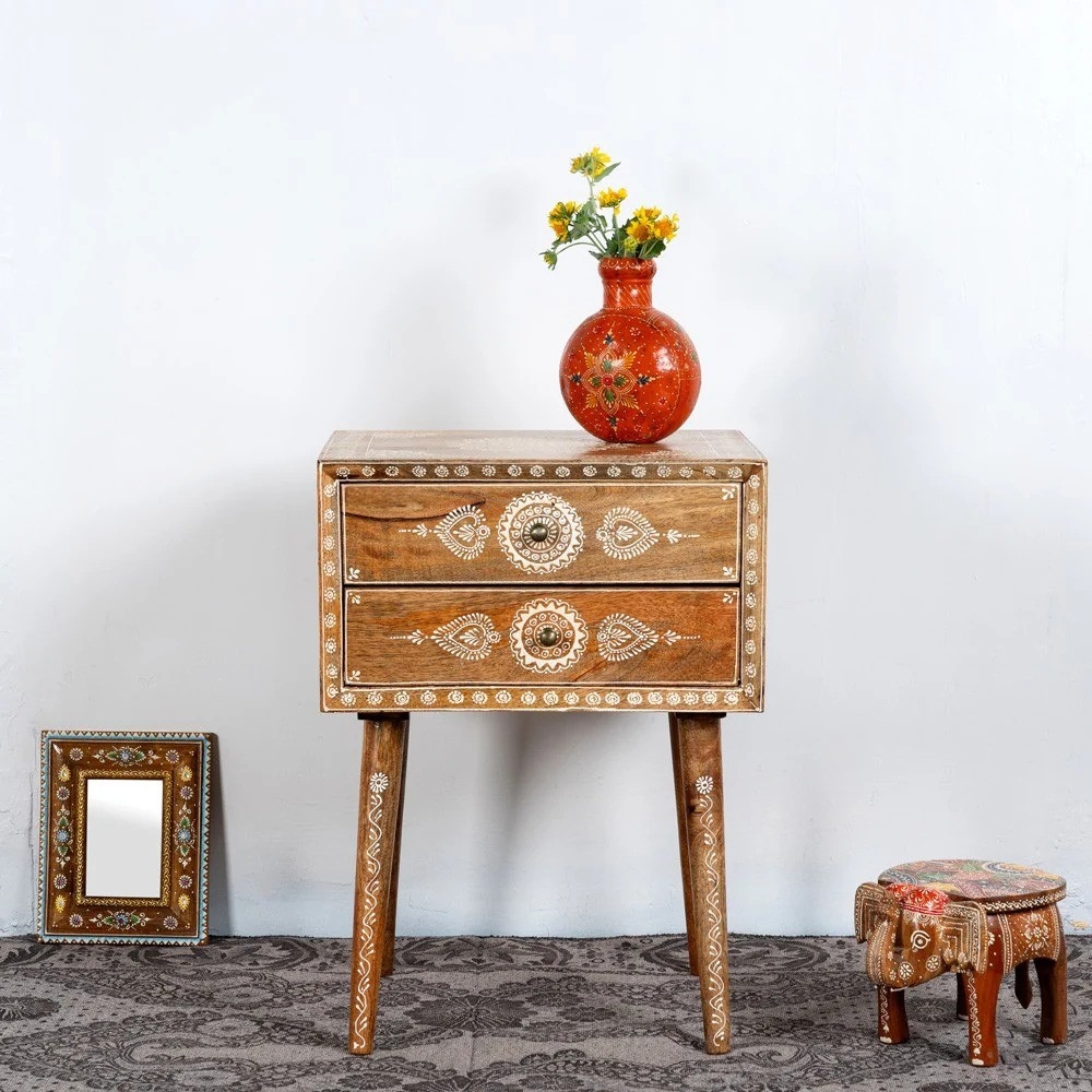 1-31-5.jpg Wooden Handpainted Side Table Natural - Image 1