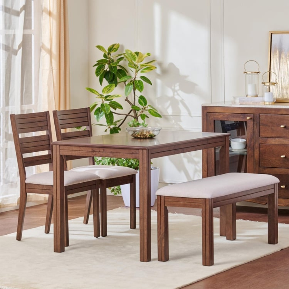 1-36-6.jpg Wooden Artisitic 4-Seater Dining Set with Chairs and Bench - Brown - Image 1