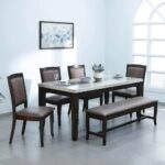 Wooden Artistic Marble Six Seater Dining Set in Antique Bench