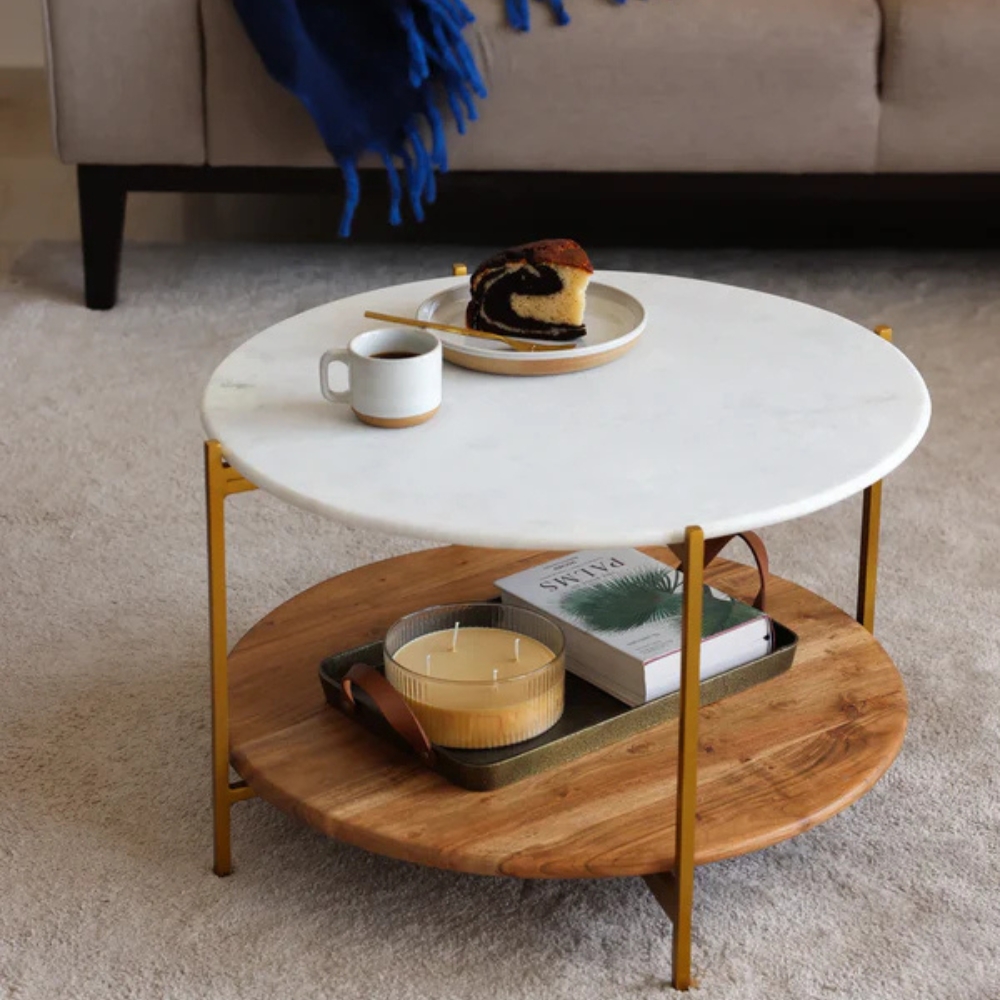 1-48-6.jpg Wooden Artistic Round Wood & Marble Coffee Table - Image 1