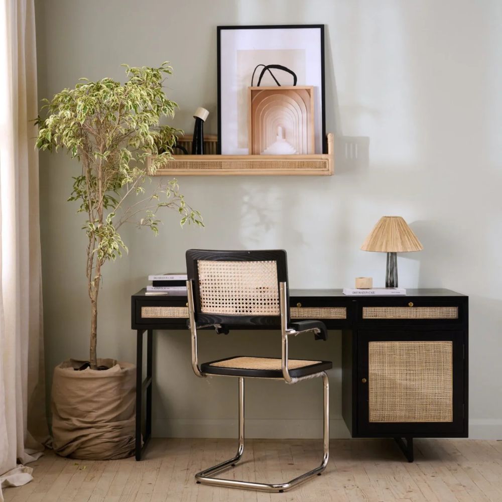 1-49-1.jpg Wooden Artistic Teak Wood & Rattan, Iron Study Table - Image 1