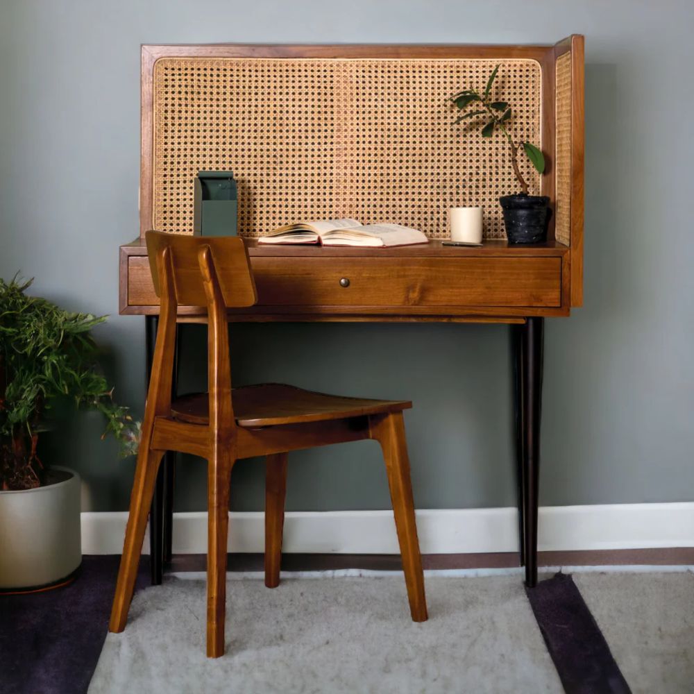 1-50-2.jpg Wooden Artistic Teak Wood & Rattan Study Table - Image 1