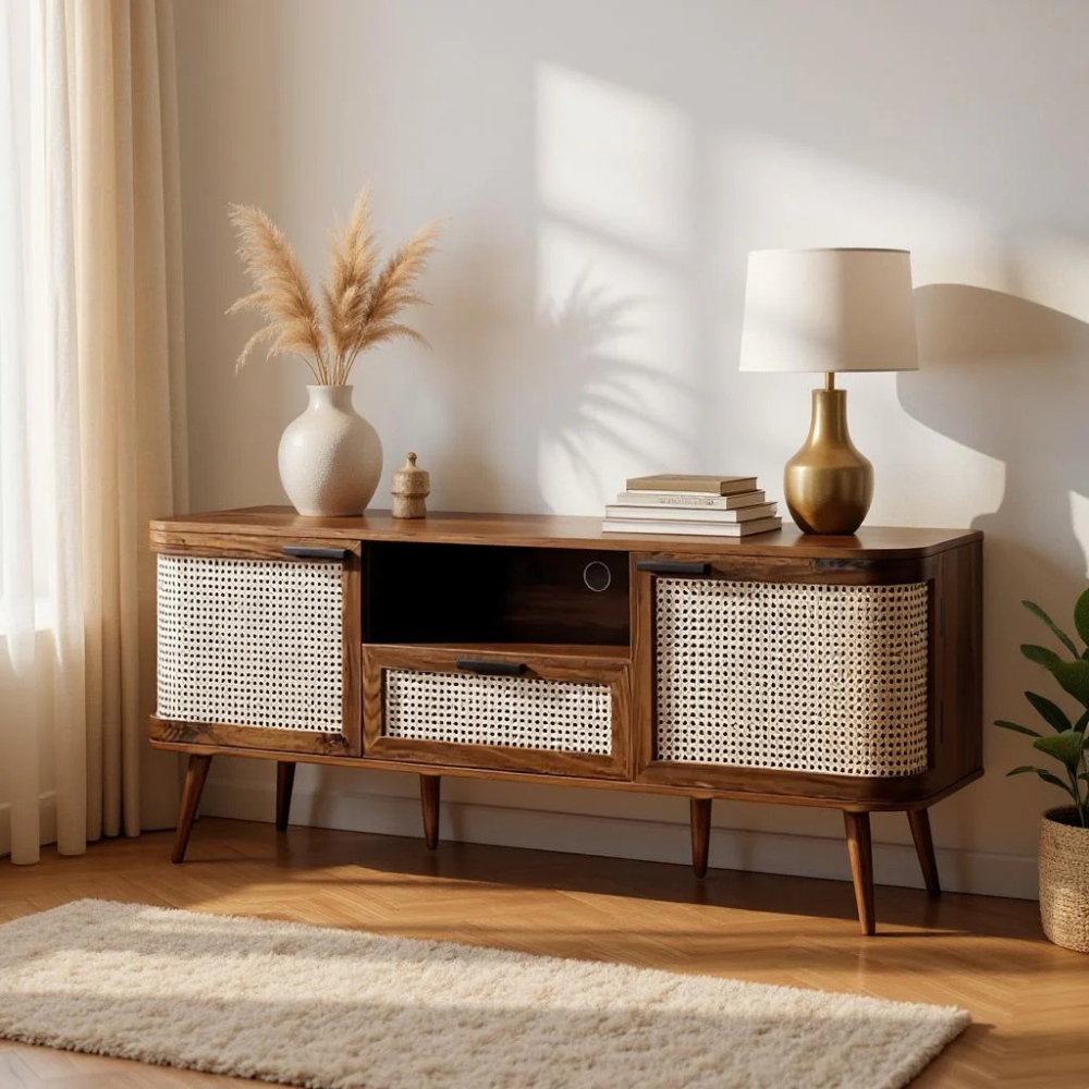 1-50-4.jpg Handcrafted Wooden Cane Tv Cabinet – Brown Finish - Image 1