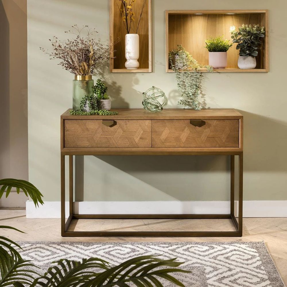 1-6.jpg Indian Console Hallway Table Oak & Gold Brown - Image 1
