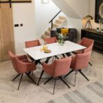 Elegant White-Look Table & Pink Chairs - 6 Seater Ceramic Dining Set