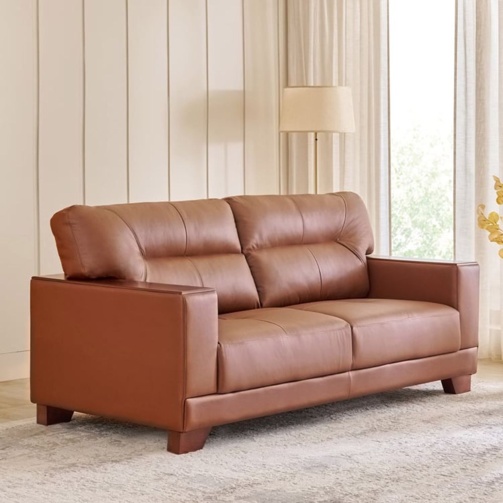 1-71-3.jpg Wooden Half Leather 3-Seater Sofa - Image 1