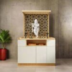 Pooja Mandir with Intricate Jaali Design and Spacious Storage