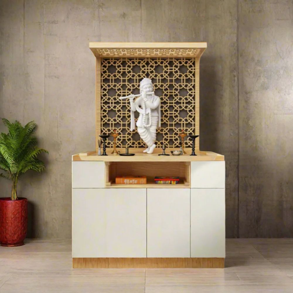 1-75-2.jpg Pooja Mandir with Intricate Jaali Design and Spacious Storage - Image 1