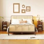 Handcrafted Wooden Headboard Cane Bed With 2 Side Table Gifts
