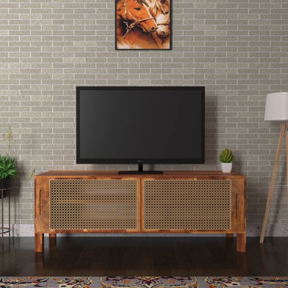 1-91-2.jpg Antique Vintage Ethnic Super Cane Handmade Wooden TV Stand - Image 1