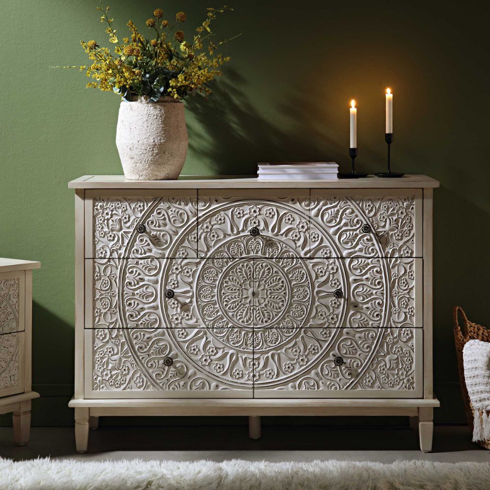 2-109.jpg Chantilly Whitewashed Carved 3 over 4 Drawer Dresser - Image 1