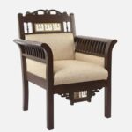 Mango Wood 1 Seater Sofa in Beige & Walnut Finish - Image 3
