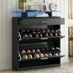 Handcrafted Manufactured Black Wood Shoe Rack