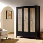 Frances Rattan Triple Closet with 2 Drawers, Black - Image 3