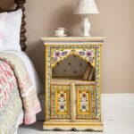 Jodhpuri Wooden Handmade Cream & Yellow Hand Painted Bedside Table