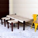 Jodhpuri Wooden Khatiya Khaat with Two Stools (White Jute)