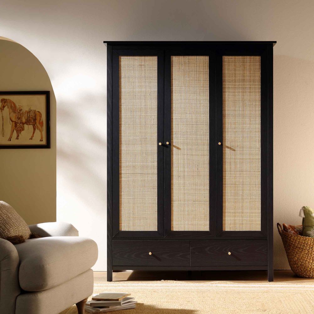 4-14-1.jpg Frances Rattan Triple Closet with 2 Drawers, Black - Image 1
