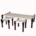 Jodhpuri Wooden Khatiya Khaat with Two Stools (White Jute) - Image 3