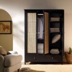 Frances Rattan Triple Closet with 2 Drawers, Black - Image 2
