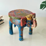 Blue Handpainted Wooden Elephant Stool