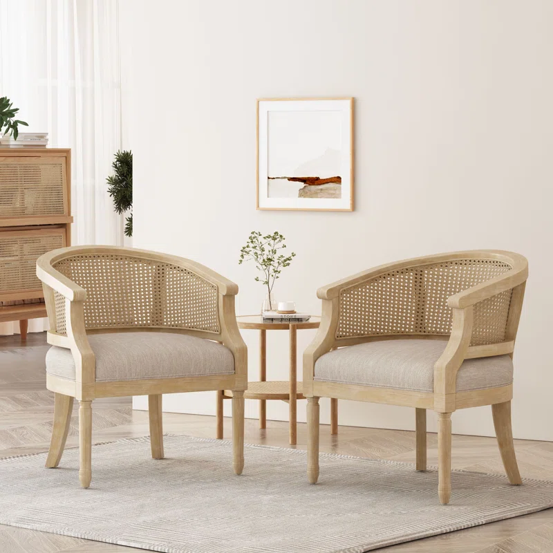 KurzUpholsteredArmchairBeige100Polyester.webp Wooden Rattan Upholstered Armchair (Set of 2) - Image 1