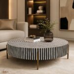 Modern Round Bone Inly Coffee Table With Golden Legs - Image 3