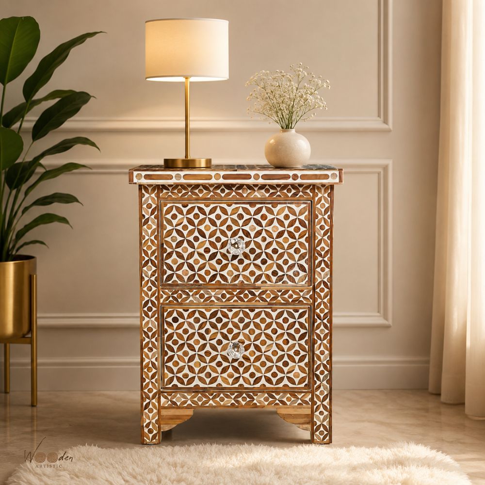 1 (11) Modern Brown Bone Inlay Bedside Table - Image 1
