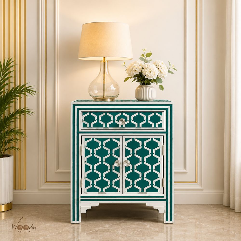 1 (12) Modern Green or White Bone Inlay Bedside Table - Image 1
