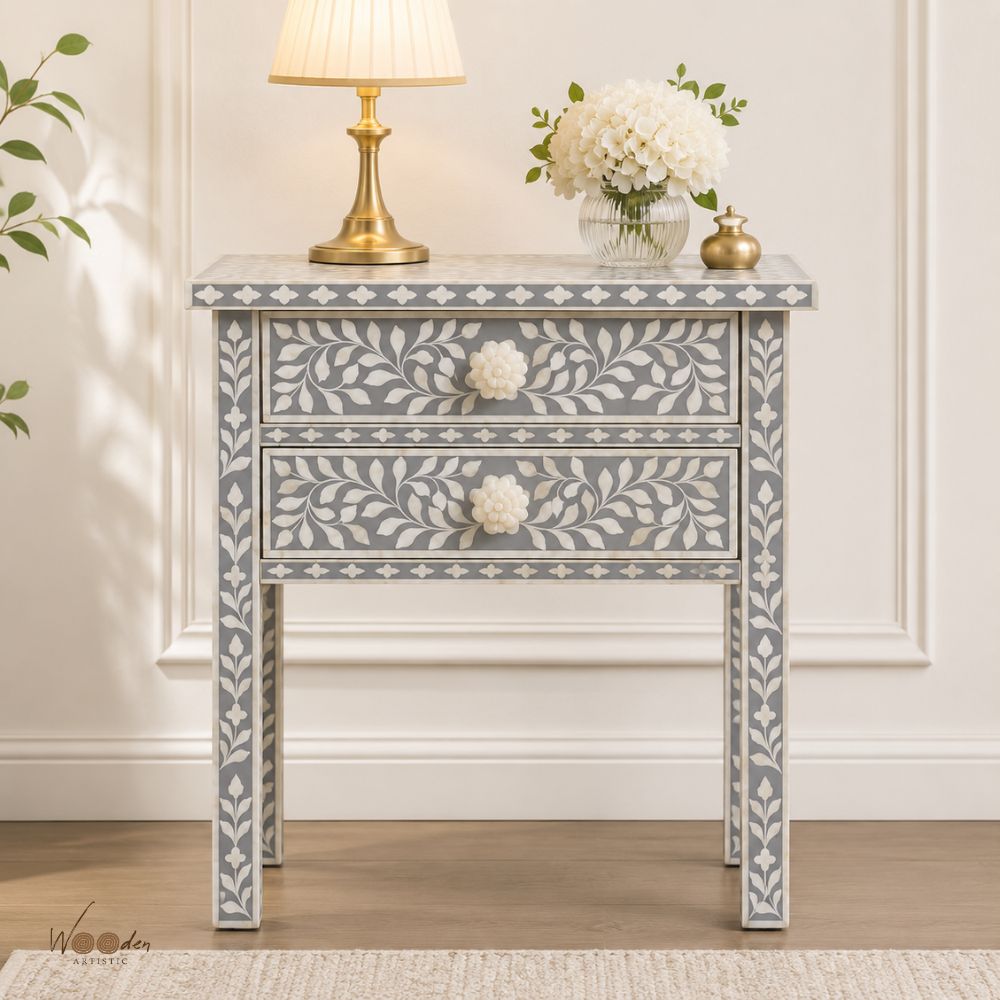 1 (14) Modern Grey or White Bone Inlay Bedside Table - Image 1