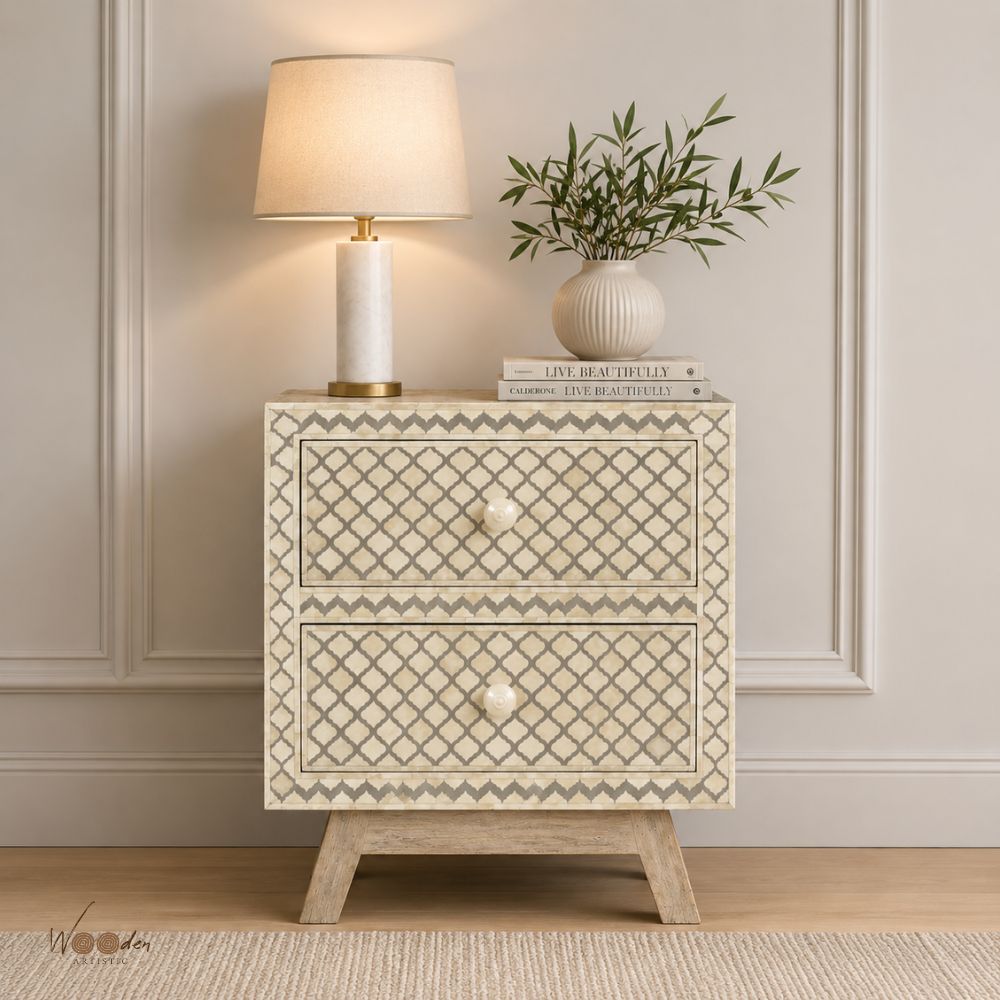 1 (15) Modern Cream Color Bone Inlay Bedside Table - Image 1