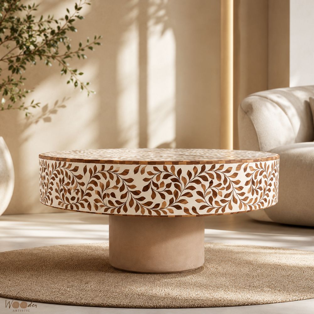 1 (16) Modern Round Brown Bone Inly Coffee Table - Image 1