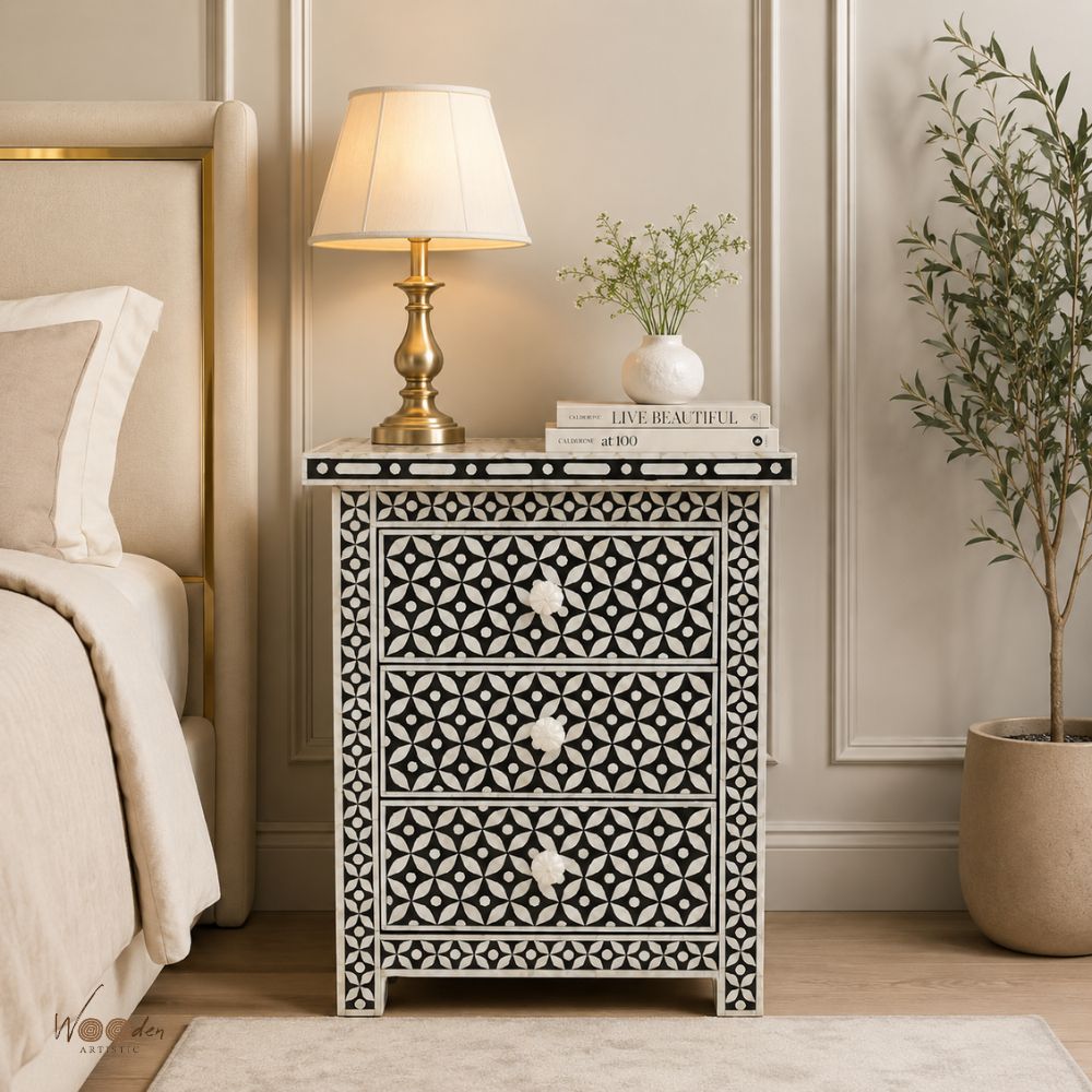 1 (16) Modern Black or White Color Bone Inlay Bedside Table - Image 1