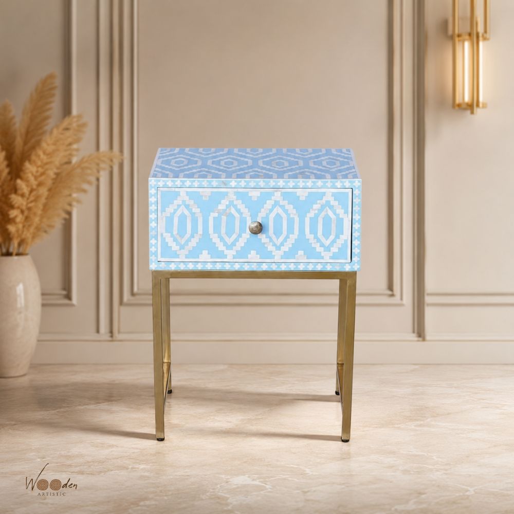 1 (17) Modern Blue or White Color Bone Inlay Bedside Table - Image 1