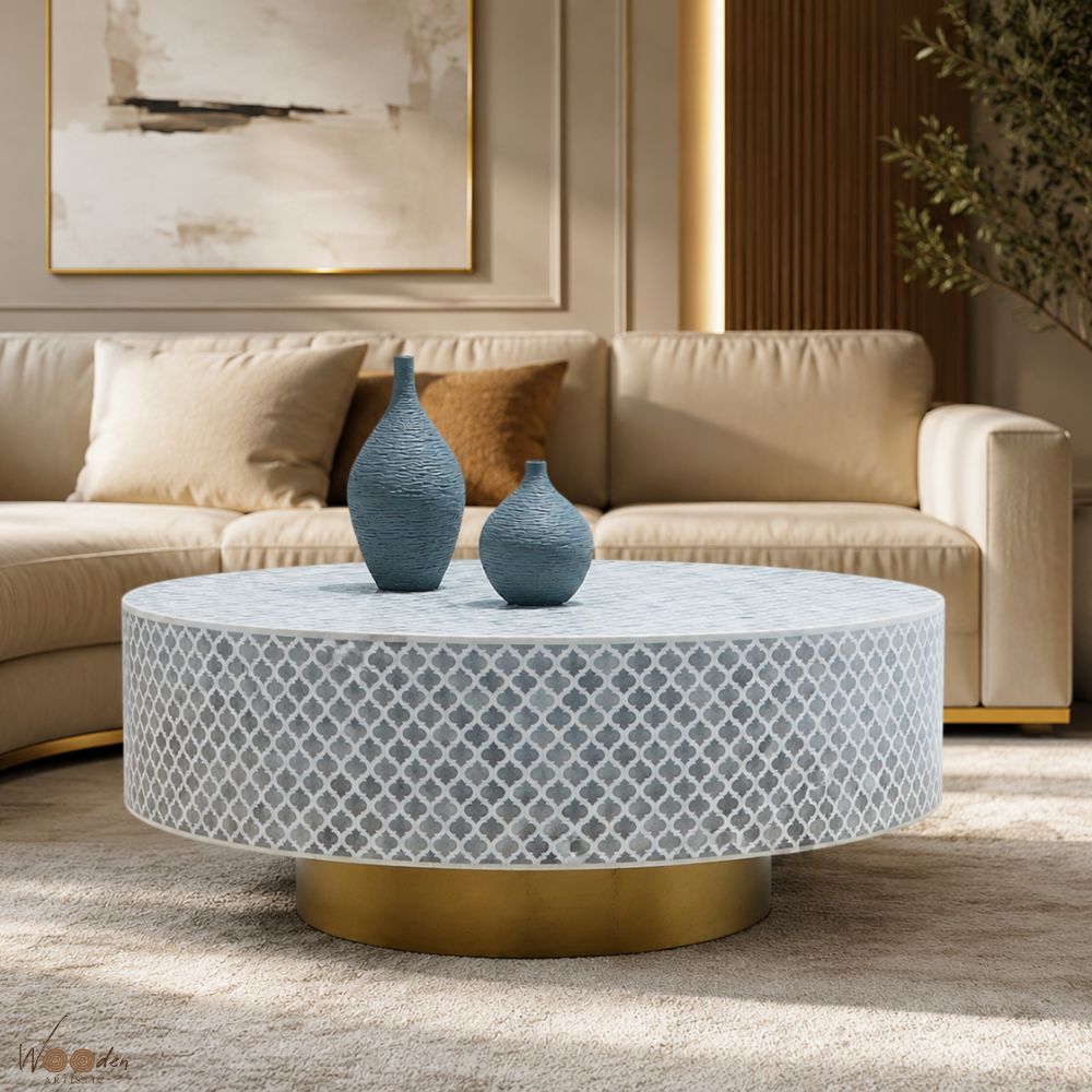 1 (18) Modern Round Light Blue Bone Inly Coffee Table - Image 1