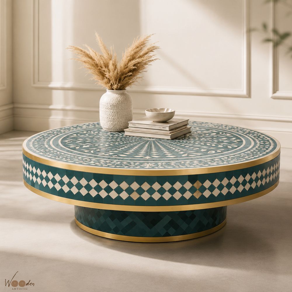 1 (19) Modern Round Green Bone Inly Coffee Table - Image 1
