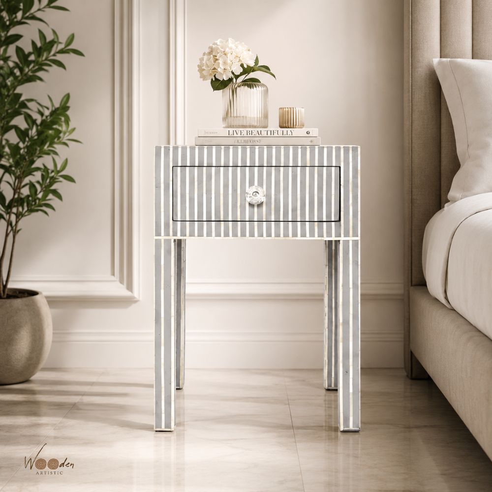 1 (19) Modern Grey or White Color Bone Inlay Bedside Table - Image 1