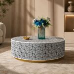 Modern Round Grey on Black Line Bone Inly Coffee Table