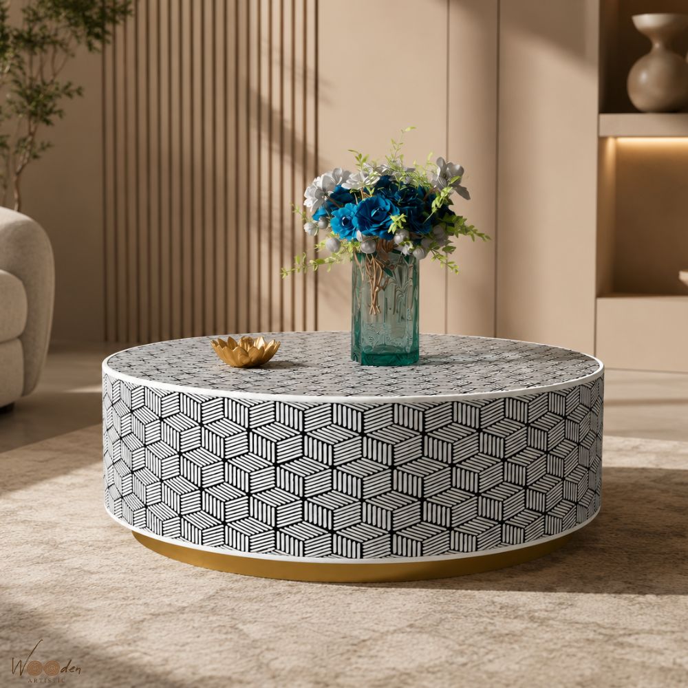 1 (21) Modern Round Grey on Black Line Bone Inly Coffee Table - Image 1