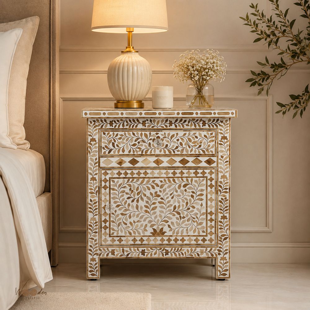 1 (21) Modern Brown ,White or Grey Color Bone Inlay Bedside Table - Image 1