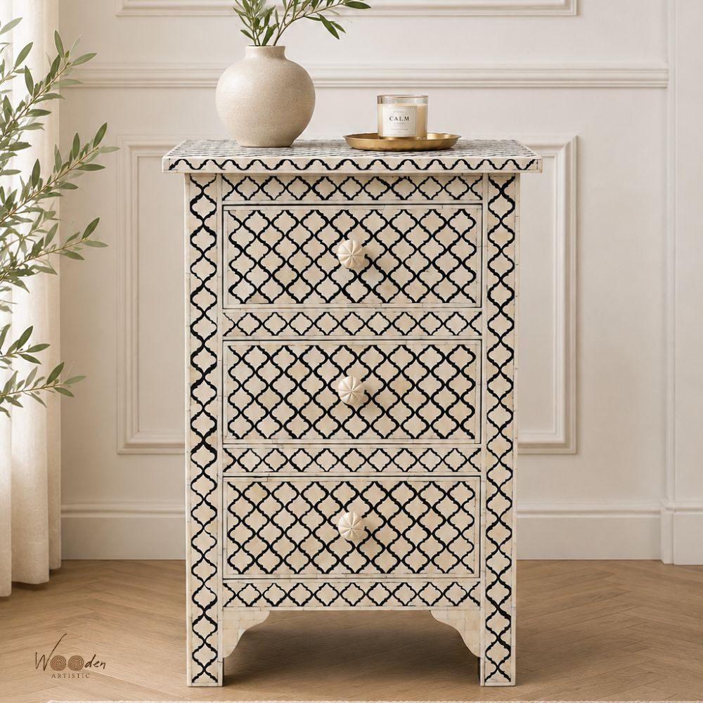 1 (22) Modern Brown or Grey Color Bone Inlay Bedside Table - Image 1