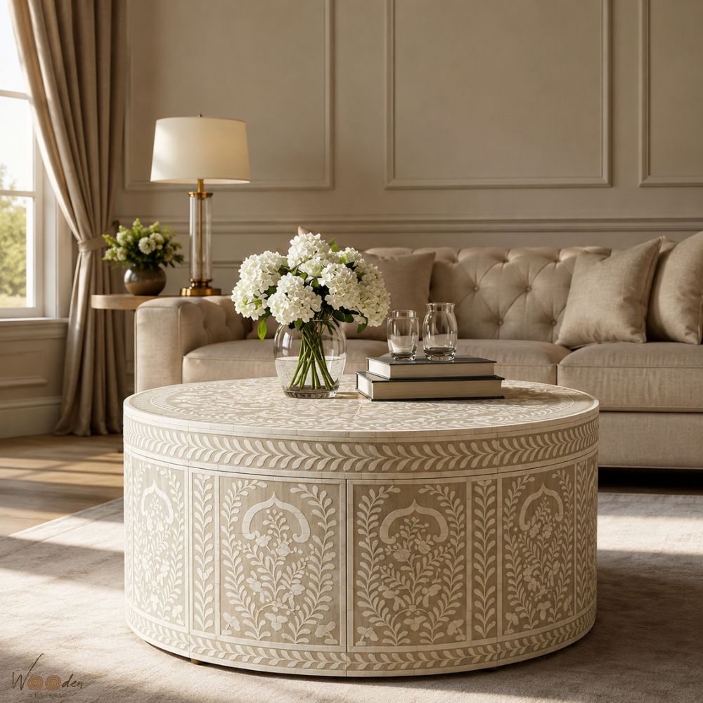 1 (23) Modern Round Brown Line Bone Inly Coffee Table - Image 1